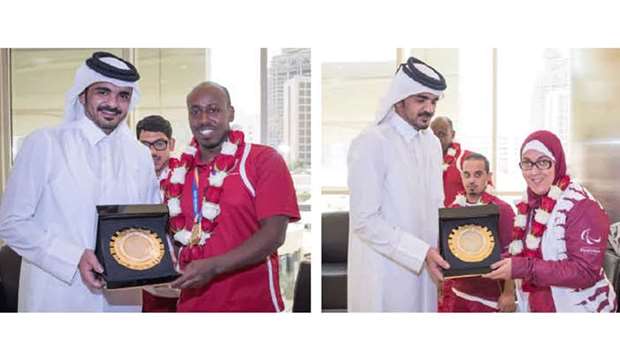HE Sheikh Joaan bin Hamad al-Thani felicitates Abdulrahman Abdulqader, who won gold medal in menu2019s Shot Put (F34) event at the 2017 World Para-Athletics Championships in London in July. Right: HE Sheikh Joaan bin Hamad al-Thani felicitates Sarah Masoud, who clinched silver medal in womenu2019s Shot Put (F33) event.