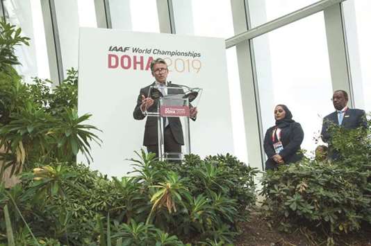 IAAF president Sebastian Coe (left) addresses the reception hosted by Doha 2019 Organising Committee as IAAF vice president Dahlan al-Hamad (right) looks on.
