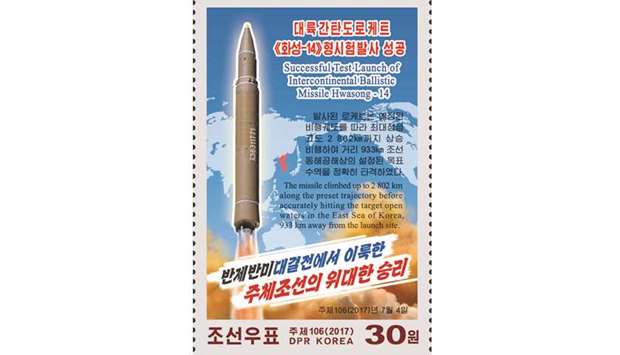 A new stamp issued by North Korea in commemoration of successful test launch of the u201cHwasong-14u201d intercontinental ballistic missile.