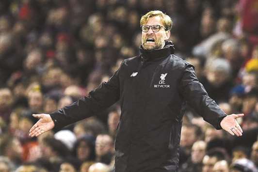 File picture of Liverpoolu2019s German manager Jurgen Klopp reacting during the English Premier League match against Manchester United at Old Trafford.