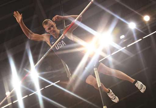 Sam Kendricks of the US competes in the menu2019s pole vault final at the IAAF World Championships in London on Tuesday. (AFP)