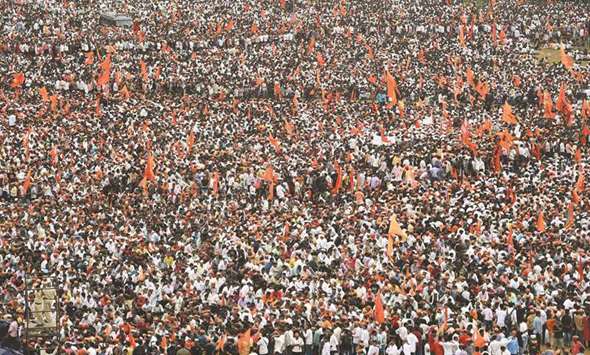 Members of the Maratha community take part in a rally in Mumbai yesterday.