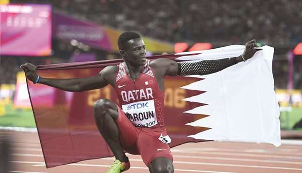 Qataru2019s Abdalelah Haroun reacts after winning the bronze medal in the 400 metres at the 2017 IAAF World Championships at the London Stadium in London yesterday.