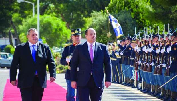 HE Deputy Prime Minister and Minister of State for Defence Affairs Dr Khalid bin Mohamed al-Attiyah inspects a guard of honor accompanied by Greek Minister of National Defence Panos Kammenos.