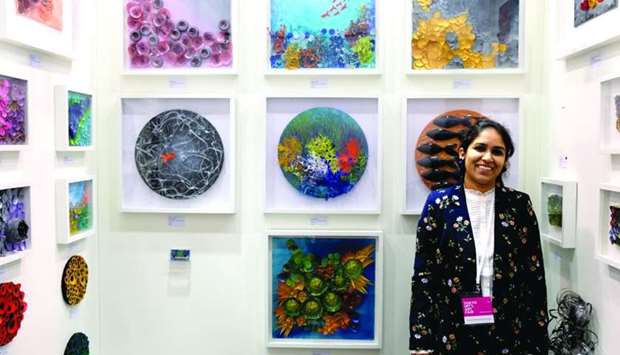 Swapna Namboodiri with her artworks during the u2018Tokyo International Art Fair 2018u2019