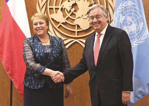 UN Secretary-General Antonio Guterres meets with Chileu2019s President Michelle Bachelet Jeria at the United Nations in New York in a file picture.