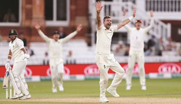 Englandu2019s James Anderson appeals for the wicket of Indiau2019s Kuldeep Yadav on second day of the second Test at Lordu2019s cricket ground in London yesterday. (Reuters)