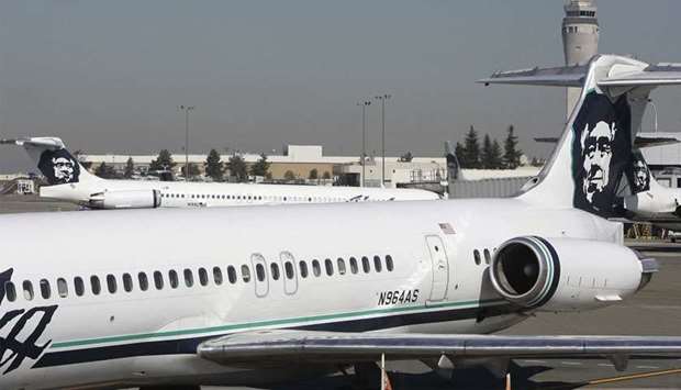 Alaska Airlines planes are seen at Seattle-Tacoma International Airport