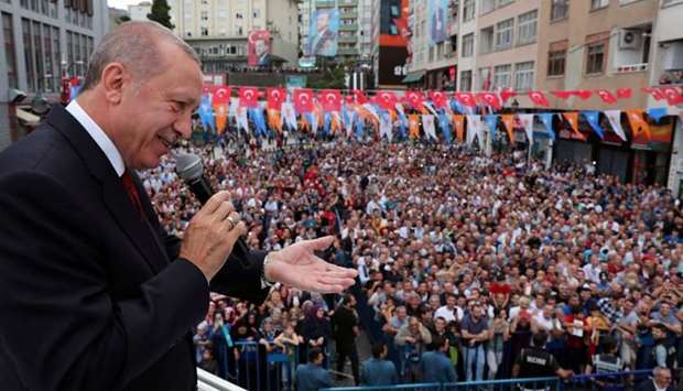 Turkish President Tayyip Erdogan addresses his supporters in Rize, Turkey