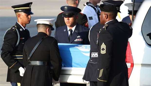 UN honour guards carry a coffin containing the remains of a US soldier killed in the Korean War, during a ceremony at Osan Air Base in Pyeongtaek on Wednesday.