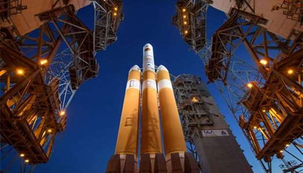 The United Launch Alliance Delta IV Heavy rocket with the Parker Solar Probe onboard shortly after the Mobile Service Tower was rolled back on Saturday at Cape Canaveral Air Force Station in Florida.