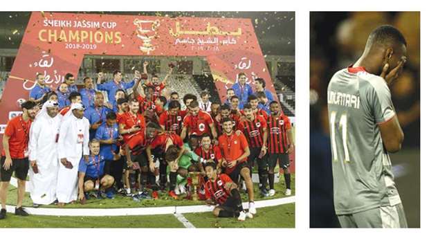 Al Rayyan players and officials celebrate with the Sheikh Jassim Cup after their win over Al Duhail yesterday. At right, Mohamed Muntari of Al Duhail reacts after missing a crucial penalty that helped Rayyan win. PICTURES: Othman Khalid