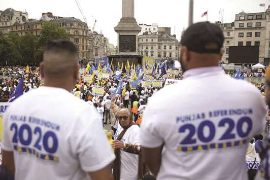 Members of the Sikh community gather in Londonu2019s Trafalgar Square to call on the Sikh global community to support the demand for a referendum on establishing Indiau2019s Punjab state as an independent country.