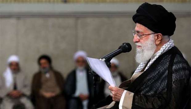 Iran's Supreme Leader Ayatollah Ali Khamenei speaks at the Hussayniyeh of Imam Khomeini in Tehran on Monday.
