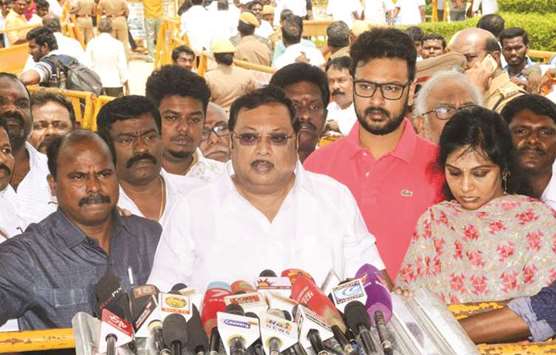 Alagiri addresses a press conference after paying homage to Karunanidhi at his memorial at the Marina Beach in Chennai yesterday.