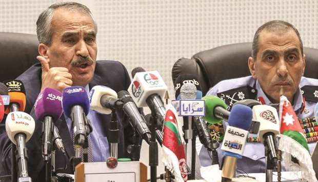 Samir Mubaideen (left), Jordanu2019s interior minister, speaks during a press conference in Amman yesterday.