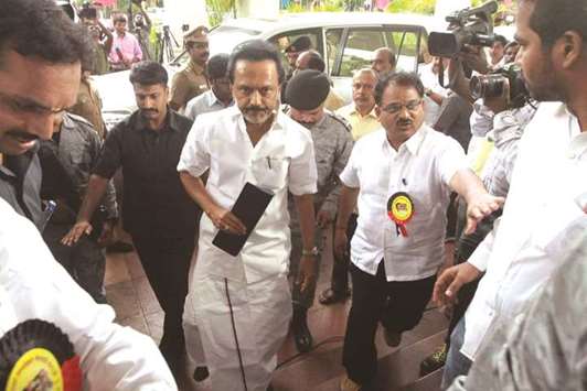 Dravida Munnetra Kazhagam (DMK) working president M K Stalin arrives at the partyu2019s first Executive Committee meeting after the death of M Karunanidhi in Chennai yesterday.