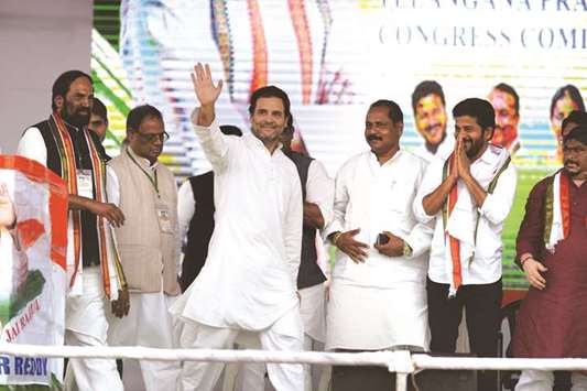 Congress president Rahul Gandhi waves to supporters as he arrives to address a public meeting at Saroornagar Stadium in Hyderabad yesterday.