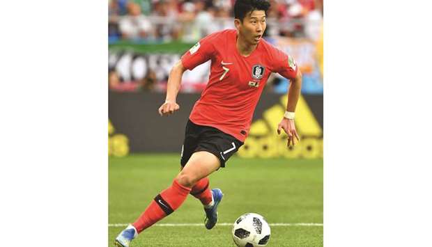 In this June 23, 2018, picture, South Koreau2019s Son Heung-min controls the ball during the Russia 2018 World Cup match against Mexico in Rostov-On-Don. (AFP)