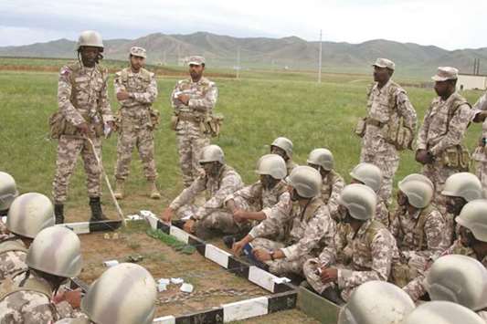 Personnel of the Qatar Armed Forces taking part in u201cAl Qarar Al Hasem 14u201d tactical exercises with the Mongolian armed forces in Ulaanbaatar.