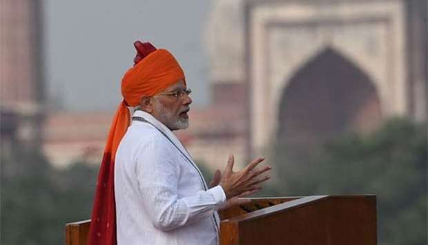 Indian Prime Minister Narendra Modi gestures while delivering his speech as part of India's 72nd Independence Day celebrations, at the Red Fort in New Delhi on Wednesday.