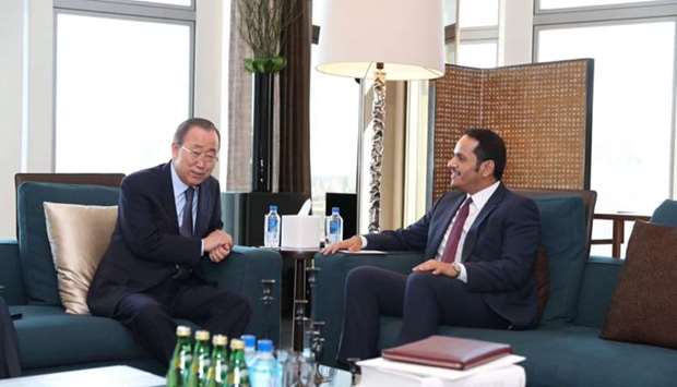 HE the Deputy Prime Minister and Minister of Foreign Affairs Sheikh Mohamed bin Abdulrahman al-Thani on Friday met Ban Ki-moon, President and Chair of the Global Green Growth Institute (GGGI), during his visit to Korea. During the meeting, they discussed means of enhancing partnership and co-operation between Qatar and the Global Green Growth Institute. Qatar is one of the first countries to support the establishment of the Institute since its inception in 2012.