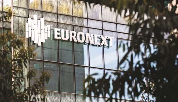 The Euronext logo is seen on the exterior of the Paris Stock Exchange. The Paris index closed 0.08% down at 5,344.92 points yesterday.