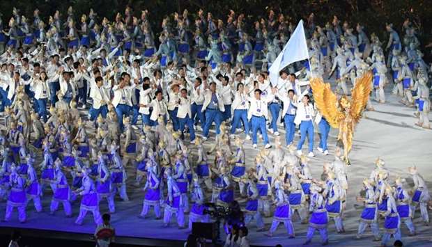 The Unified Korea delegation parades during the opening ceremony of the 2018 Asian Games at the Gelora Bung Karno main stadium in Jakarta