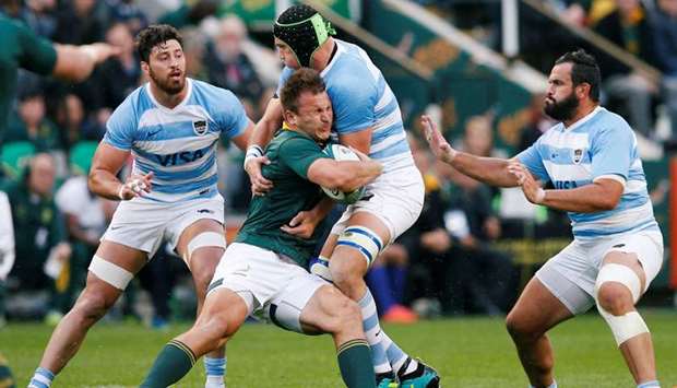 South Africau2019s Malcolm Marx (left) is tackled by Argentinau2019s Nicolas Sanchez during the Rugby Championship match at the Kings Park Stadium in Durban, South Africa, yesterday. (Reuters)