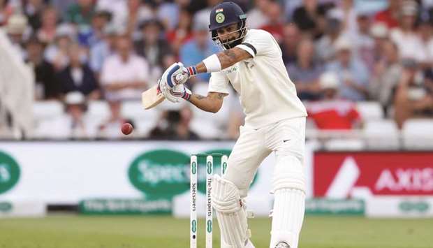 Indiau2019s Virat Kohli in action during first day of the third Test against England at Trent Bridge in Nottingham, England, yesterday. (Reuters)