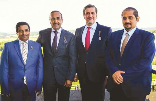 Qatar Racing and Equestrian Club (QREC) chairman Issa al-Mohannadi (second from left), Qataru2019s ambassador to the UK Yousef bin Ali al-Khater (second from right) and QREC general manager Nasser Sherida al-Kaabi (right) at Qatar Goodwood Festival.