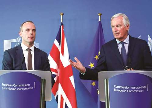 European Unionu2019s chief Brexit negotiator, Michel Barnier, attends a media briefing with Secretary of State for Exiting the European Union, Dominic Raab, after a meeting at the EU Commission headquarters in Brussels yesterday.