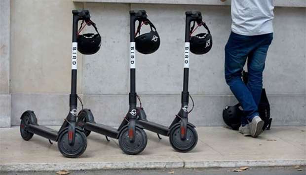 Electric scooters of US start-up Bird are seen in Paris. Bird has launched its sharing service in the French capital.