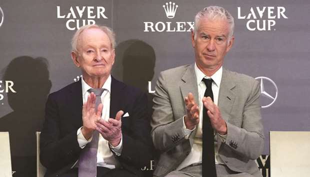 Former tennis players Rod Laver (left) and John McEnroe at a news conference to  announce details of the Laver Cup, in New York on Tuesday. (Reuters)