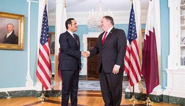 HE the Deputy Prime Minister and Minister of Foreign Affairs Sheikh Mohamed bin Abdulrahman al-Thani with the US Secretary of State Mike Pompeo in Washington.