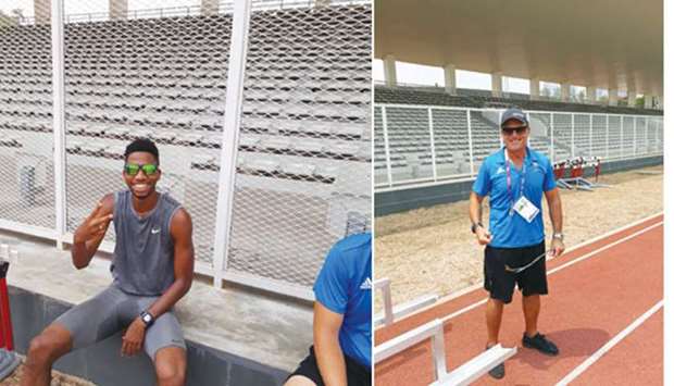 Qataru2019s 400m hurdler Abderrahman Samba and his coach Hennie Kotze (right) after a training session during the 2018 Asian Games in Jakarta yesterday. PICTURES: Anil John