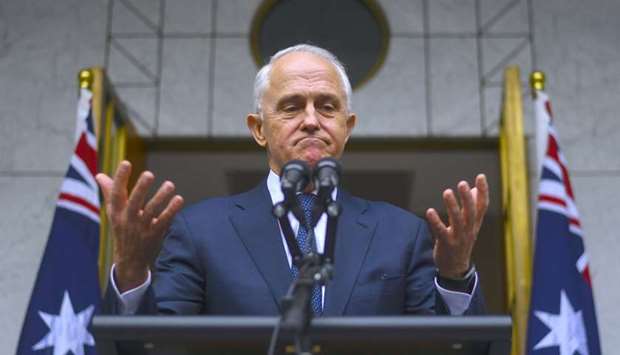 Australian Prime Minister Malcolm Turnbull reacts during a media conference at Parliament House in Canberra, Australia.