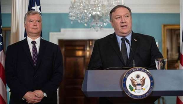 US Secretary of State Mike Pompeo announces Steve Biegun (left) as special representative to North Korea at the State Department in Washington, DC, on Thursday.