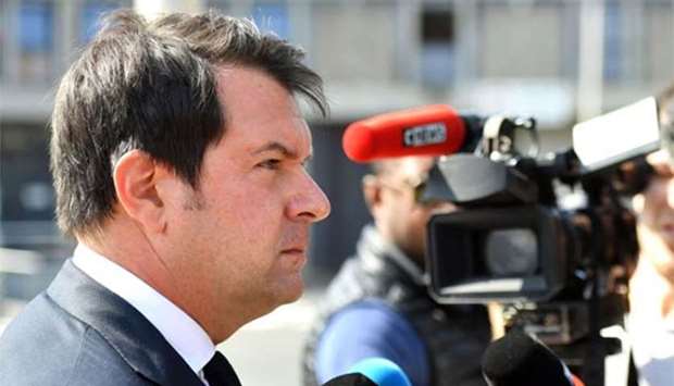 Yann Le Bras, the lawyer of French rapper Booba, answers journalists' questions in front of Fresnes prison on Thursday.