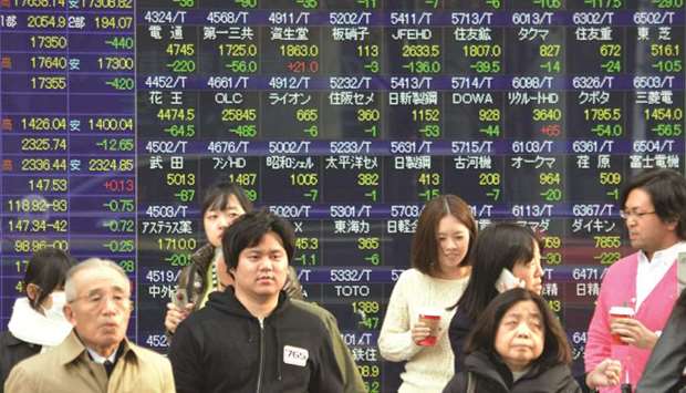 Pedestrians walk past a share prices board in Tokyo. The Nikkei 225 closed up 0.9% to 22,601.77 points yesterday.