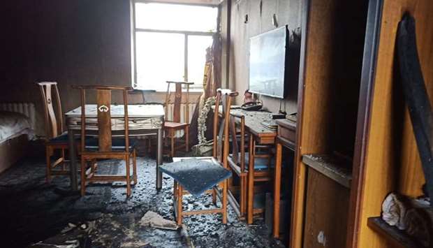 A view of a room after a fire at a hotel in Harbin, China's northeastern Heilongjiang province