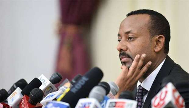 Ethiopia's Prime Minister Abiy Ahmed speaks during a press conference in Addis Ababa on Saturday.