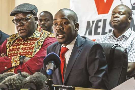 Nelson Chamisa (centre), the leader of the opposition Movement for Democratic Change (MDC) Alliance speaks during a press conference in Harare, yesterday.