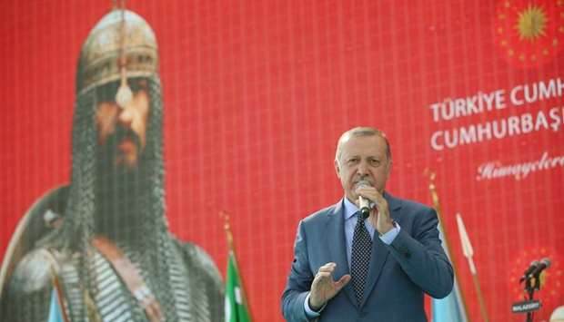 Turkish President Tayyip Erdogan makes a speech during a ceremony in the eastern city of Mus, Turkey.