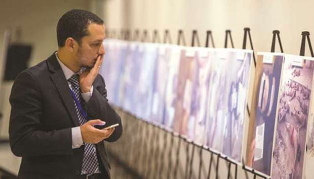 The u2018Caesaru2019 photographs of people killed in detention in Syria on display at the UN headquarters in New York, 2015. Photograph: Lucas Jackson/Reuters