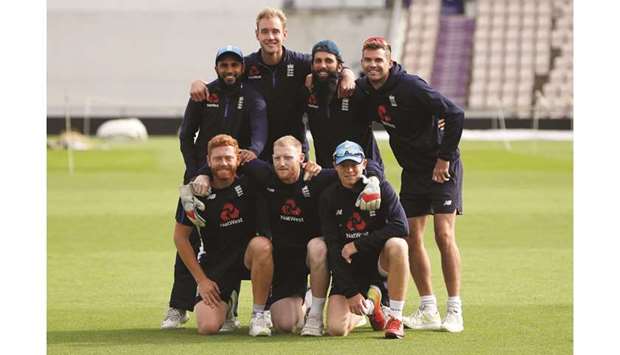 England cricketers pose during a practice session at the Ageas Bowl in Southampton, Britain, yesterday. (Reuters)