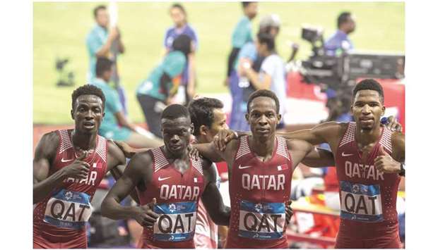 Qataru2019s menu2019s 4x400m relay team, comprising Mohamed Abbas, Abdalelah Haroun, Mohamed Mohamed and Abderrahman Samba gesture after topping the qualification round at the 2018 Asian Games in Jakarta yesterday.