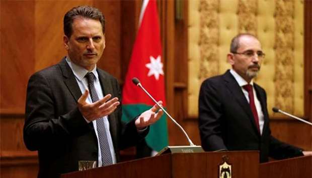 UNRWA Commissioner-General Pierre Krahenbuehl speaks during a news conference with Jordanian Foreign Minister Ayman Safadi in Amman on Thursday.