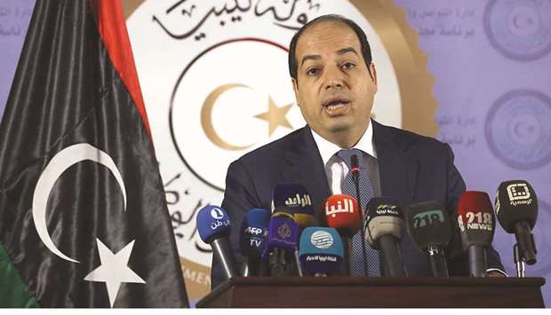Vice President of the Presidential Council of Libya Ahmed Maiteeq speaks during a press conference in Tripoli after clashes near the Libya capital.