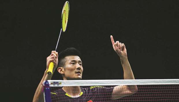Chen Long of China celebrates his victory against Viktor Axelsen of Denmark in their menu2019s singles quarter-final match during the badminton World Championships in Nanjing, China.
